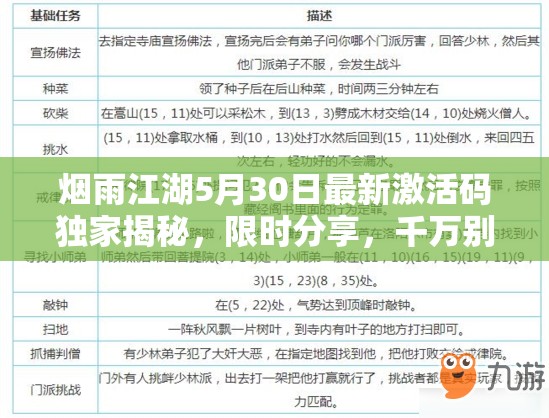 烟雨江湖5月30日最新激活码独家揭秘，限时分享，千万别错过！