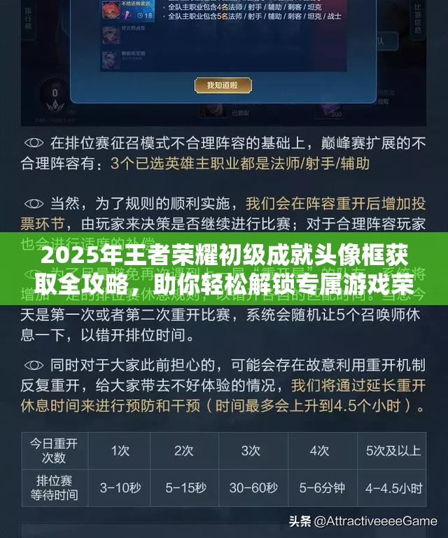 2025年王者荣耀初级成就头像框获取全攻略，助你轻松解锁专属游戏荣耀