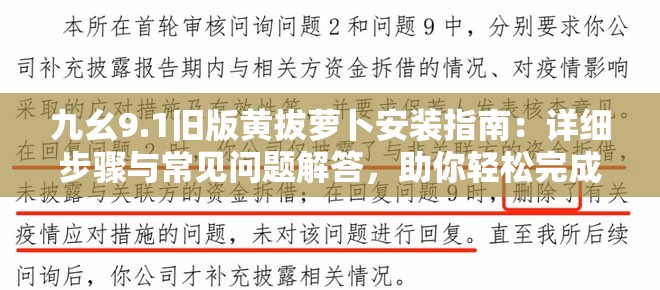 九幺9.1旧版黄拔萝卜安装指南：详细步骤与常见问题解答，助你轻松完成安装